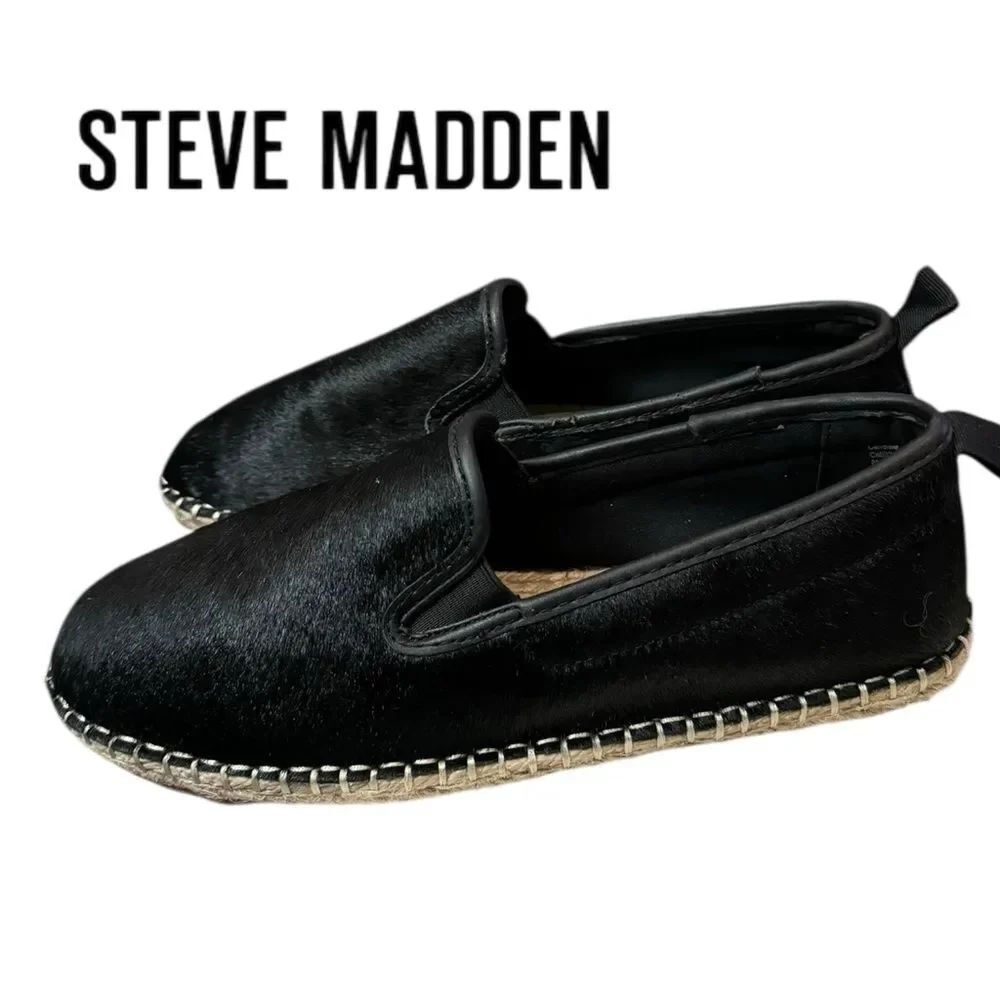 Steve Madden Celine Black Women's Leather Faux Pony Hair Espadrille Flats 8